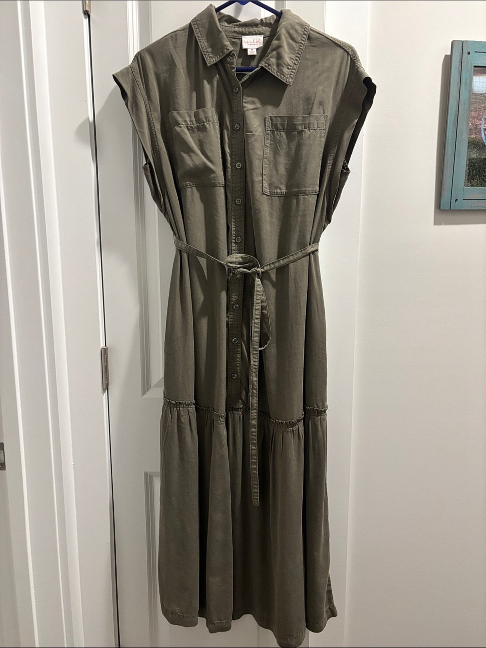 Ingrid & Isabel Olive Green Button-Front Maxi Dress with Tie